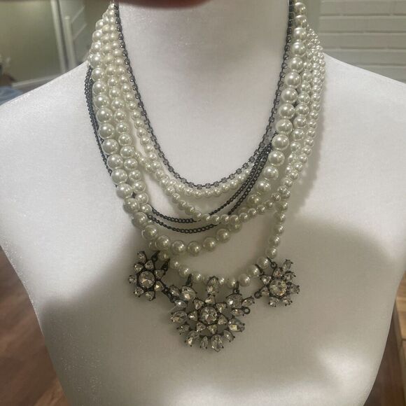 Pearl Jewelry - Faux Pearl Multistrand Silver Tone Heavy Chunky Pendant Necklace